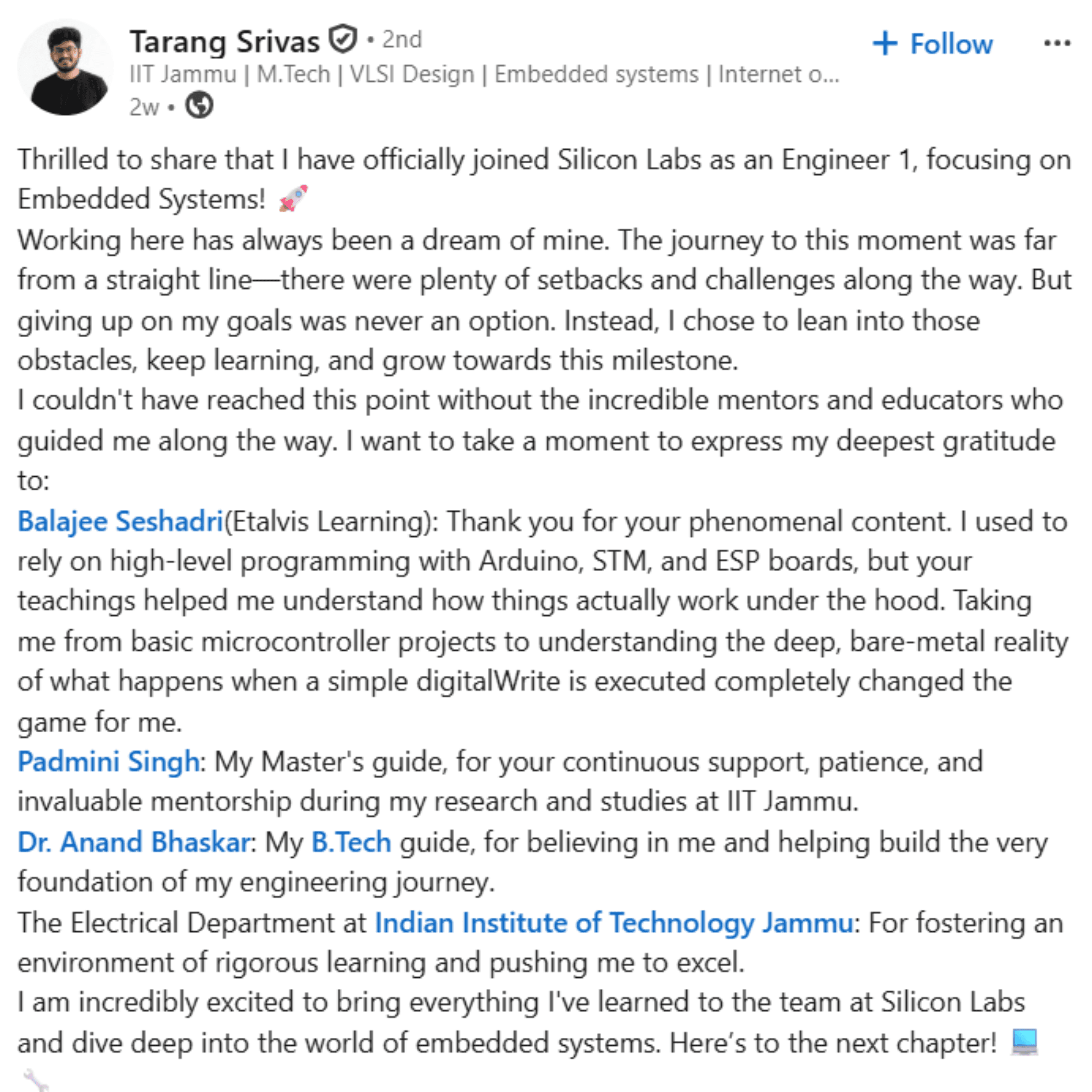 Tarang Srivas LinkedIn post
