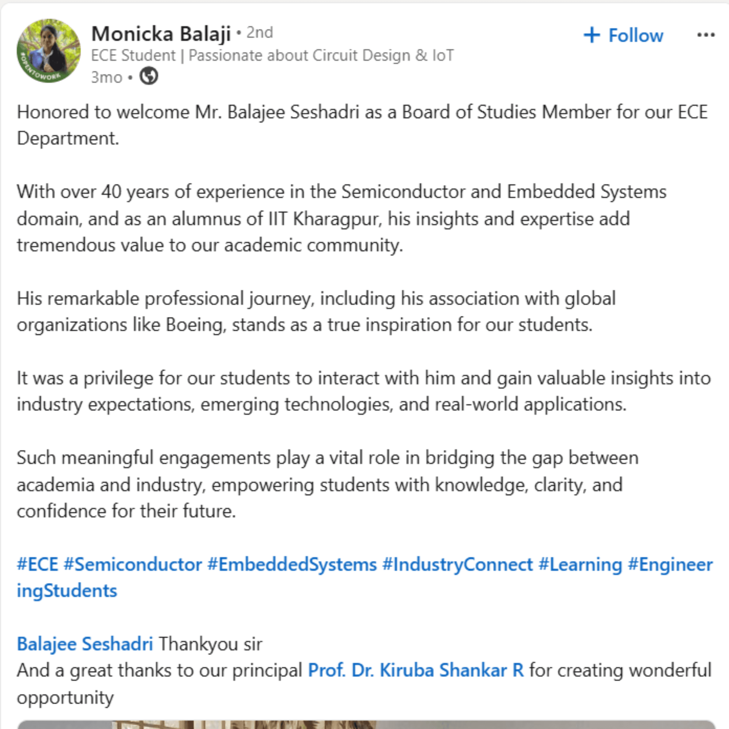 Monicka Balaji LinkedIn post