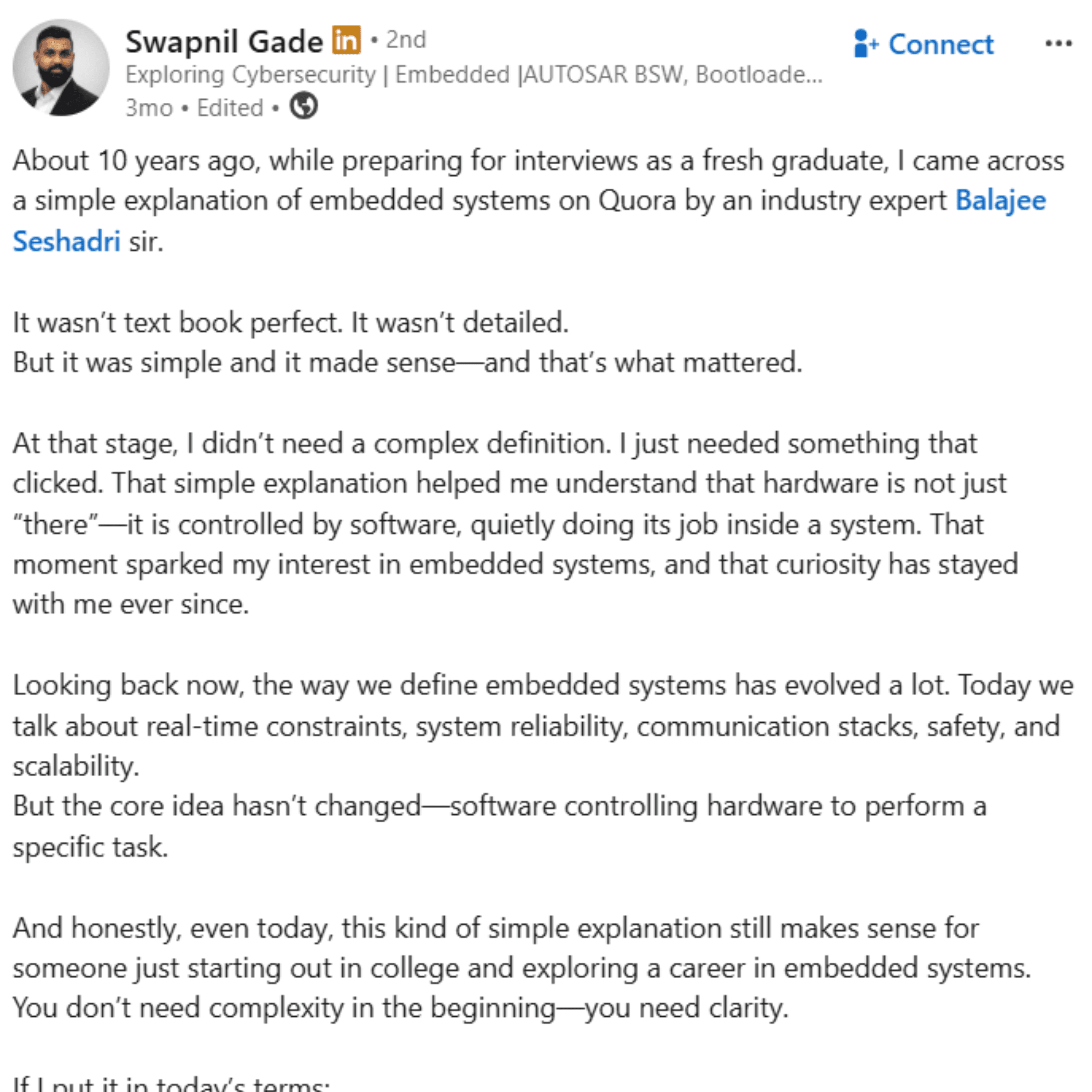Swapnil Gade LinkedIn post