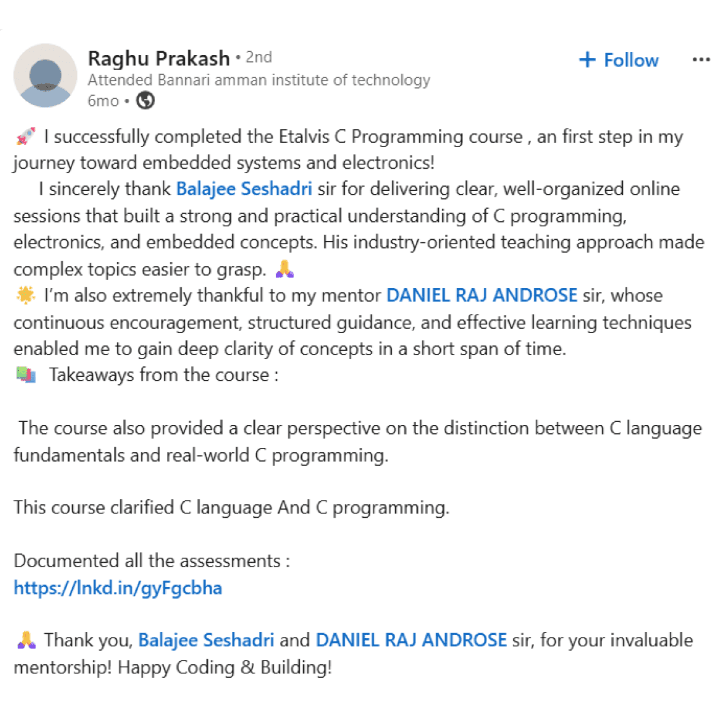 Raghu Prakash LinkedIn post