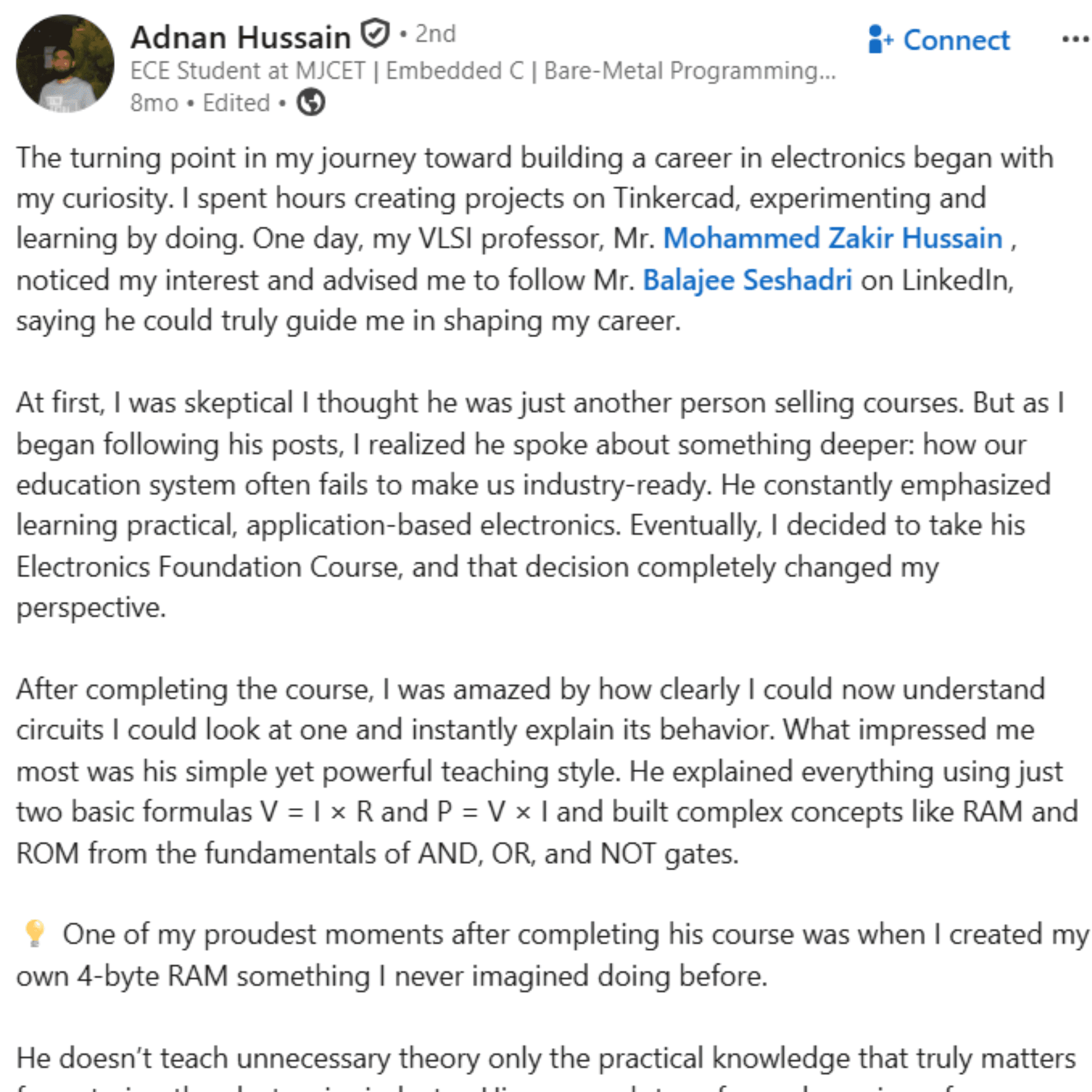 Adnan Hussain LinkedIn post