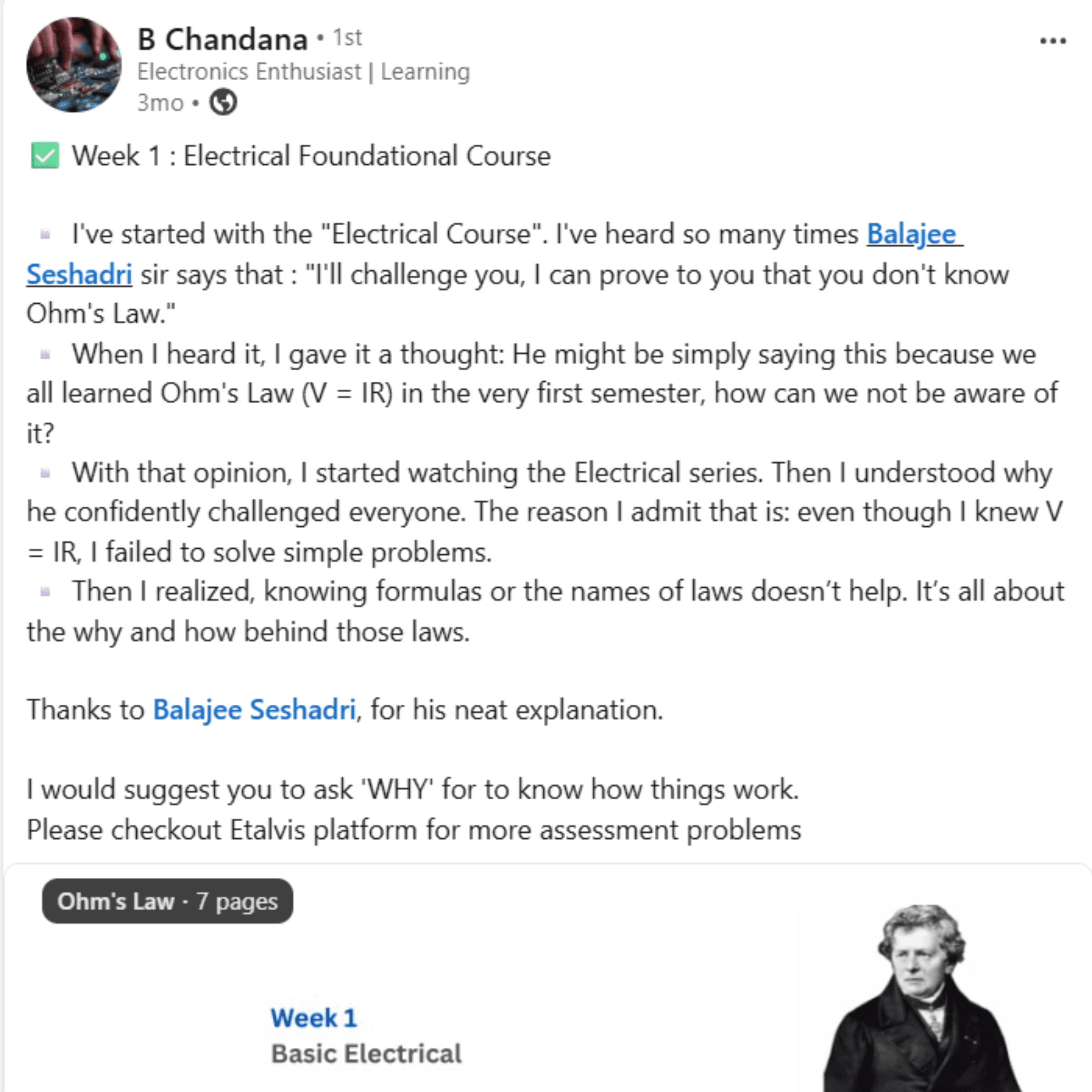 B. Chandana LinkedIn post